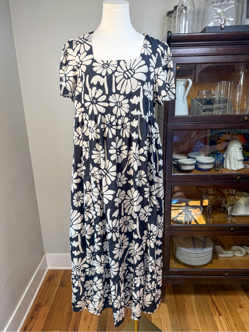 Mikarose Dark Navy & Ivory Floral Square Neck Empire Waist Maxi Dress Size S